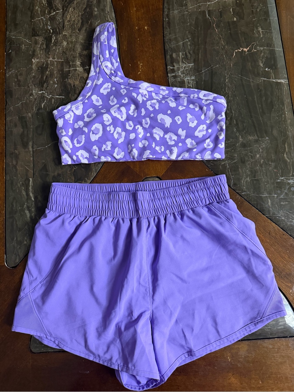 all in motion Lavender One-Shoulder Leopard Crop Top & Athletic Shorts